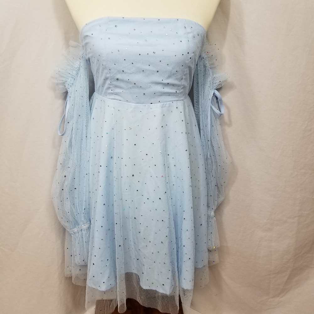 NWOT Double Crazy Light Blue Junior's Off The Shoulder Sequin Tulle Mini Dress